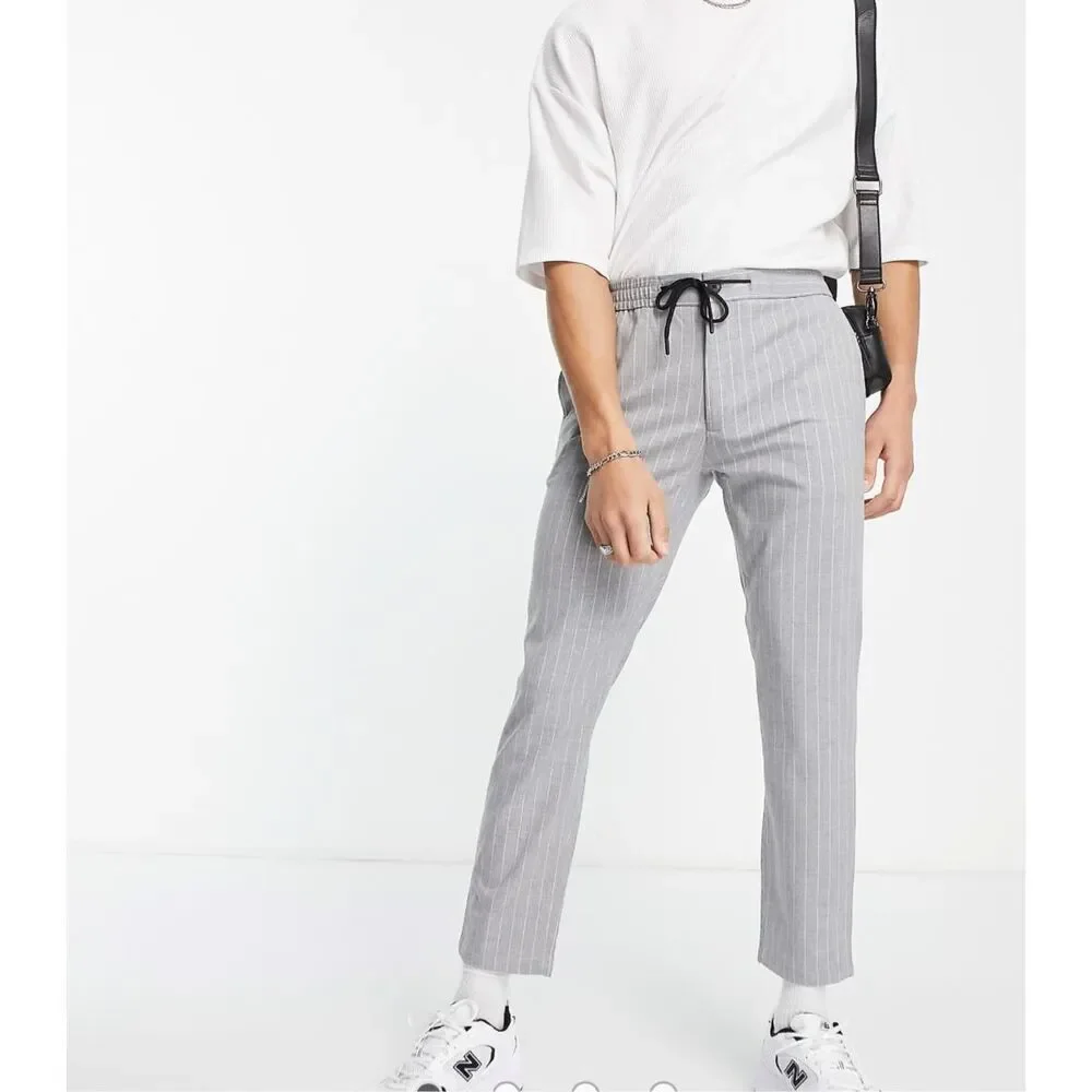 Grey and white striped straight-leg trousers with elasticated waist and drawstri - Picture 1 of 9